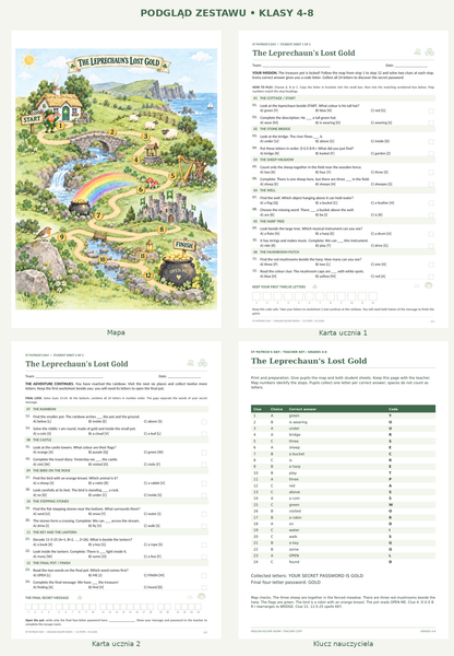 The Leprechaun's Lost Gold – angielski, klasy 4-8, podgląd wszystkich czterech stron zestawu.