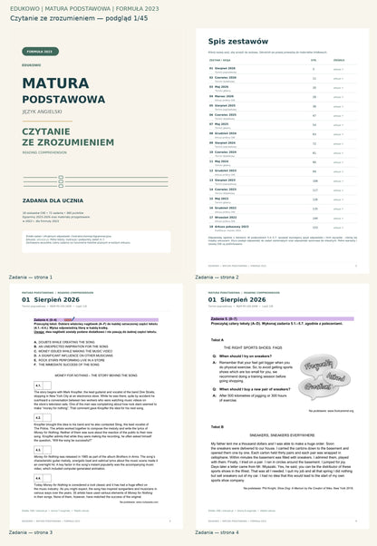 Czytanie ze zrozumieniem. Podgląd 1/45: Zadania — strona 1; Zadania — strona 2; Zadania — strona 3; Zadania — strona 4.