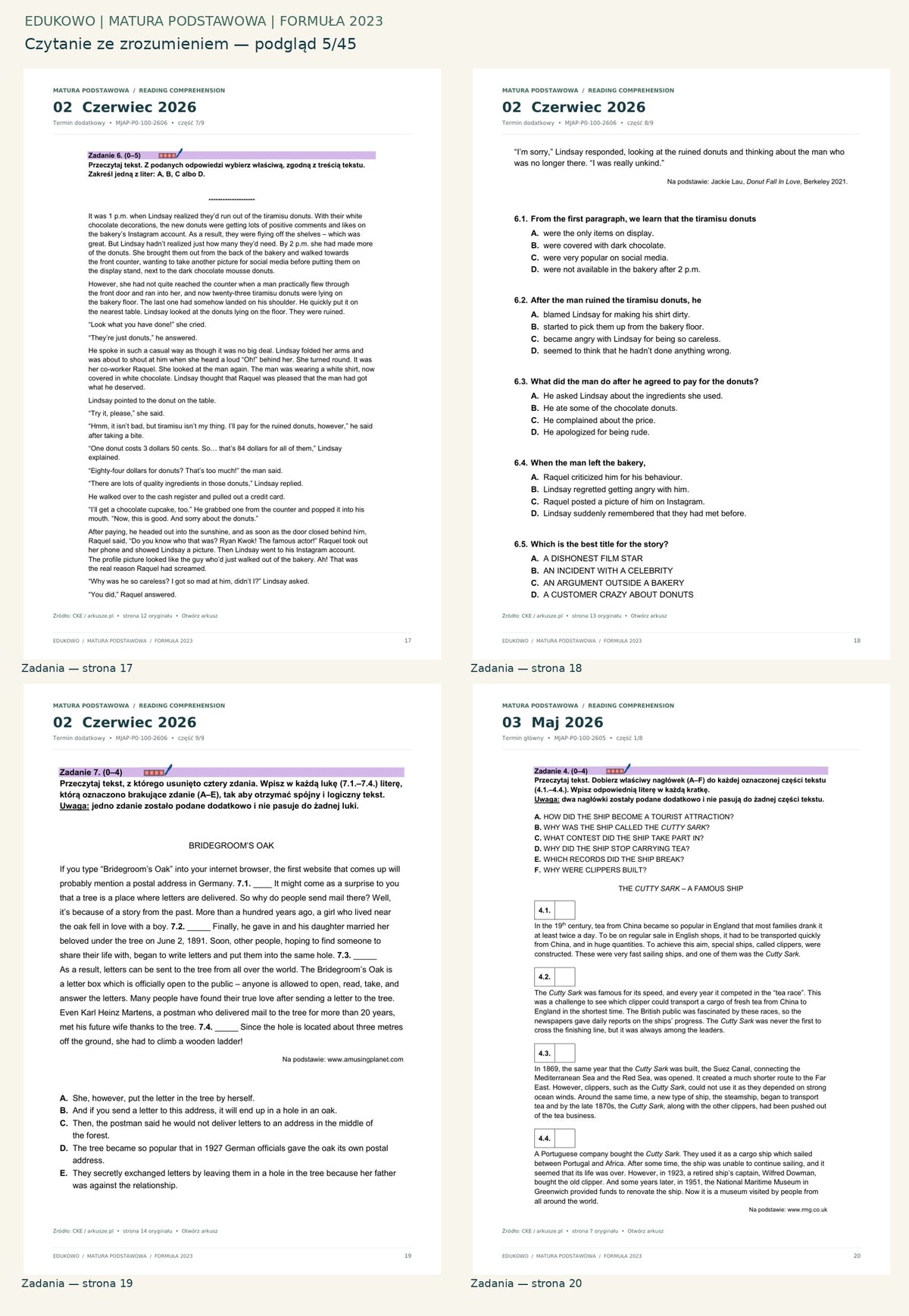 Czytanie ze zrozumieniem. Podgląd 5/45: Zadania — strona 17; Zadania — strona 18; Zadania — strona 19; Zadania — strona 20.
