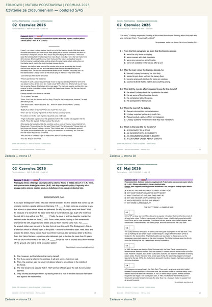Czytanie ze zrozumieniem. Podgląd 5/45: Zadania — strona 17; Zadania — strona 18; Zadania — strona 19; Zadania — strona 20.