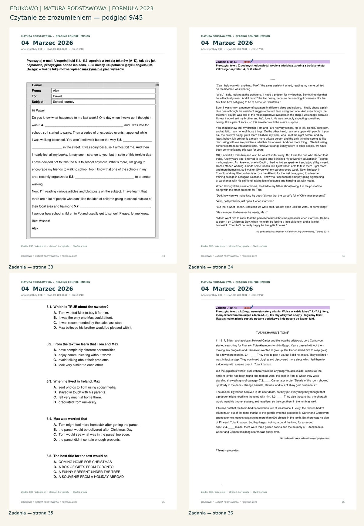 Czytanie ze zrozumieniem. Podgląd 9/45: Zadania — strona 33; Zadania — strona 34; Zadania — strona 35; Zadania — strona 36.