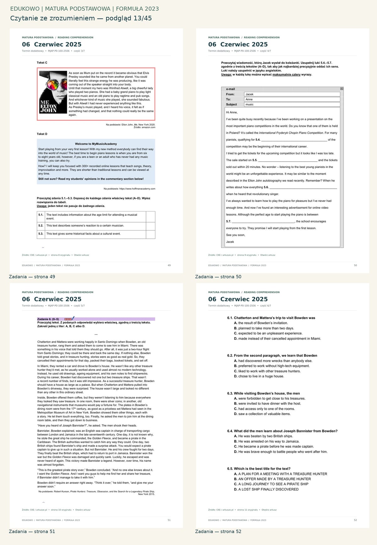 Czytanie ze zrozumieniem. Podgląd 13/45: Zadania — strona 49; Zadania — strona 50; Zadania — strona 51; Zadania — strona 52.