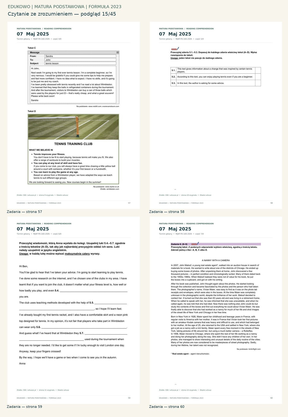 Czytanie ze zrozumieniem. Podgląd 15/45: Zadania — strona 57; Zadania — strona 58; Zadania — strona 59; Zadania — strona 60.