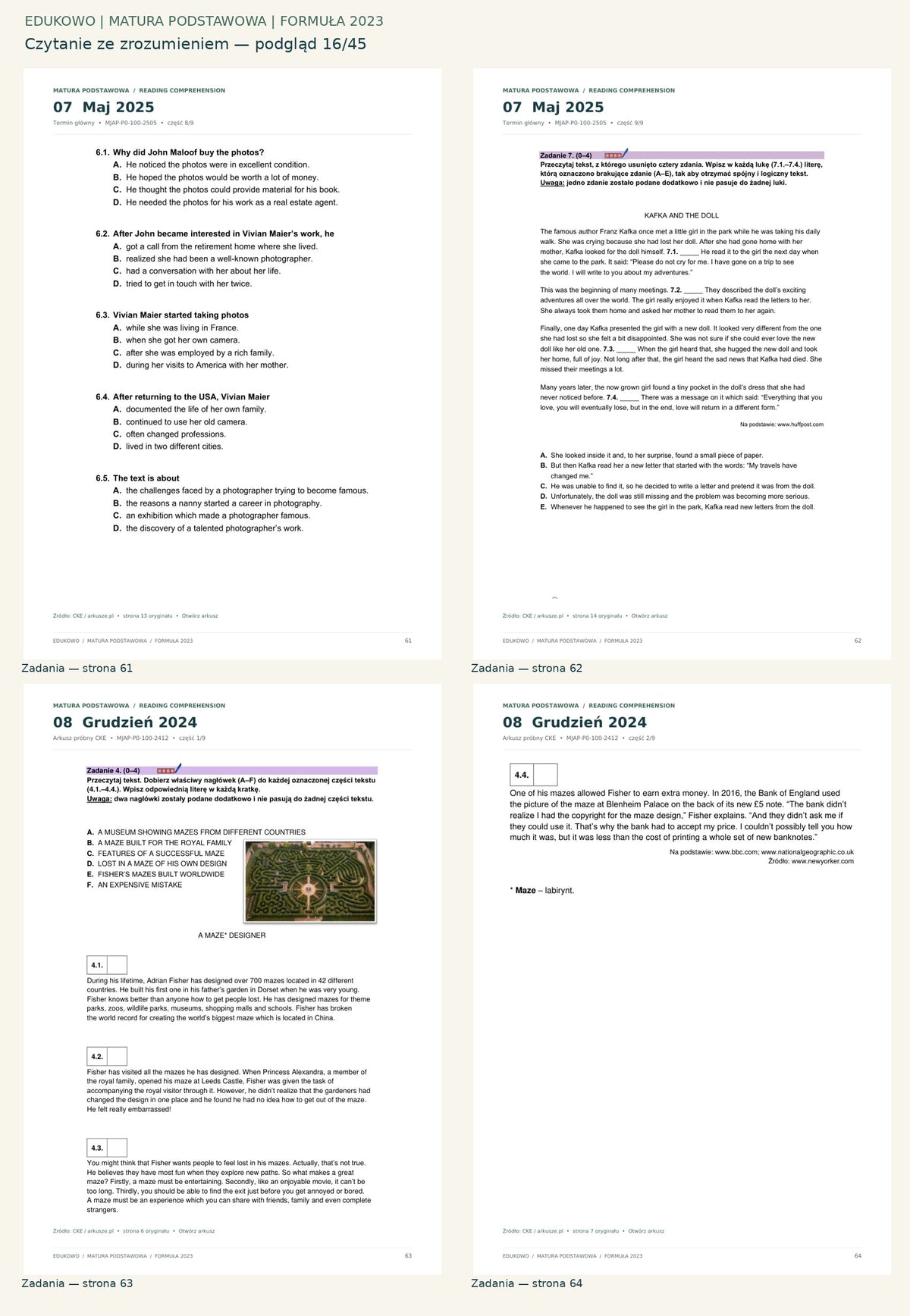 Czytanie ze zrozumieniem. Podgląd 16/45: Zadania — strona 61; Zadania — strona 62; Zadania — strona 63; Zadania — strona 64.