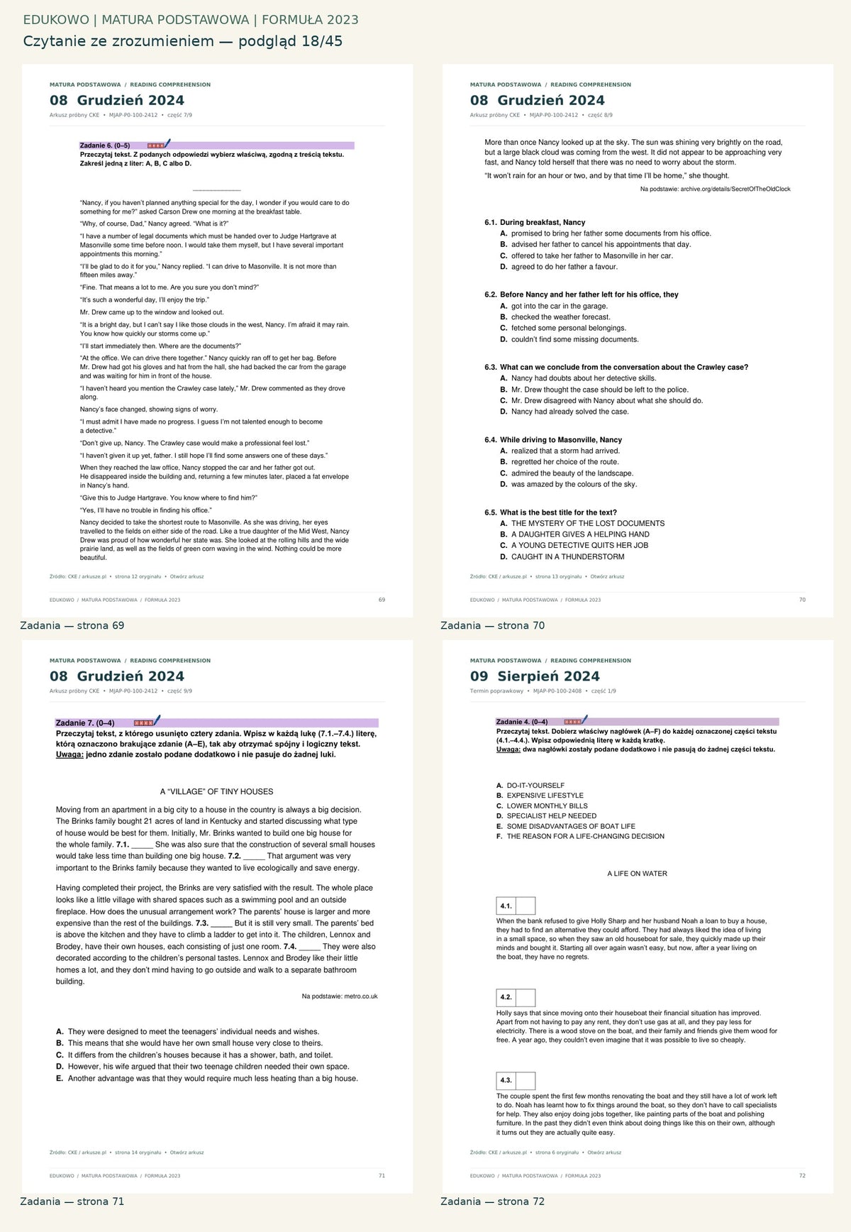 Czytanie ze zrozumieniem. Podgląd 18/45: Zadania — strona 69; Zadania — strona 70; Zadania — strona 71; Zadania — strona 72.