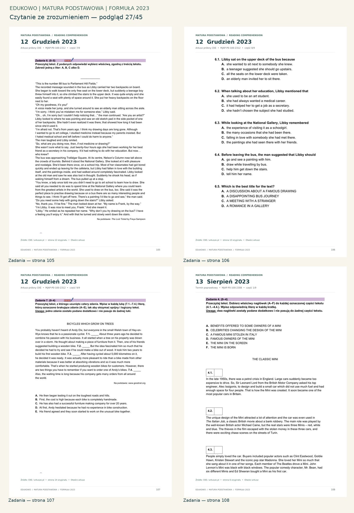 Czytanie ze zrozumieniem. Podgląd 27/45: Zadania — strona 105; Zadania — strona 106; Zadania — strona 107; Zadania — strona 108.