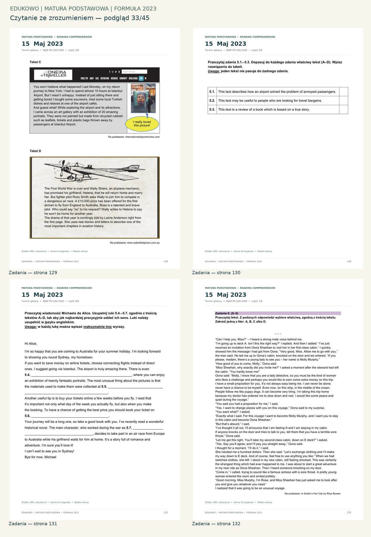 Czytanie ze zrozumieniem. Podgląd 33/45: Zadania — strona 129; Zadania — strona 130; Zadania — strona 131; Zadania — strona 132.