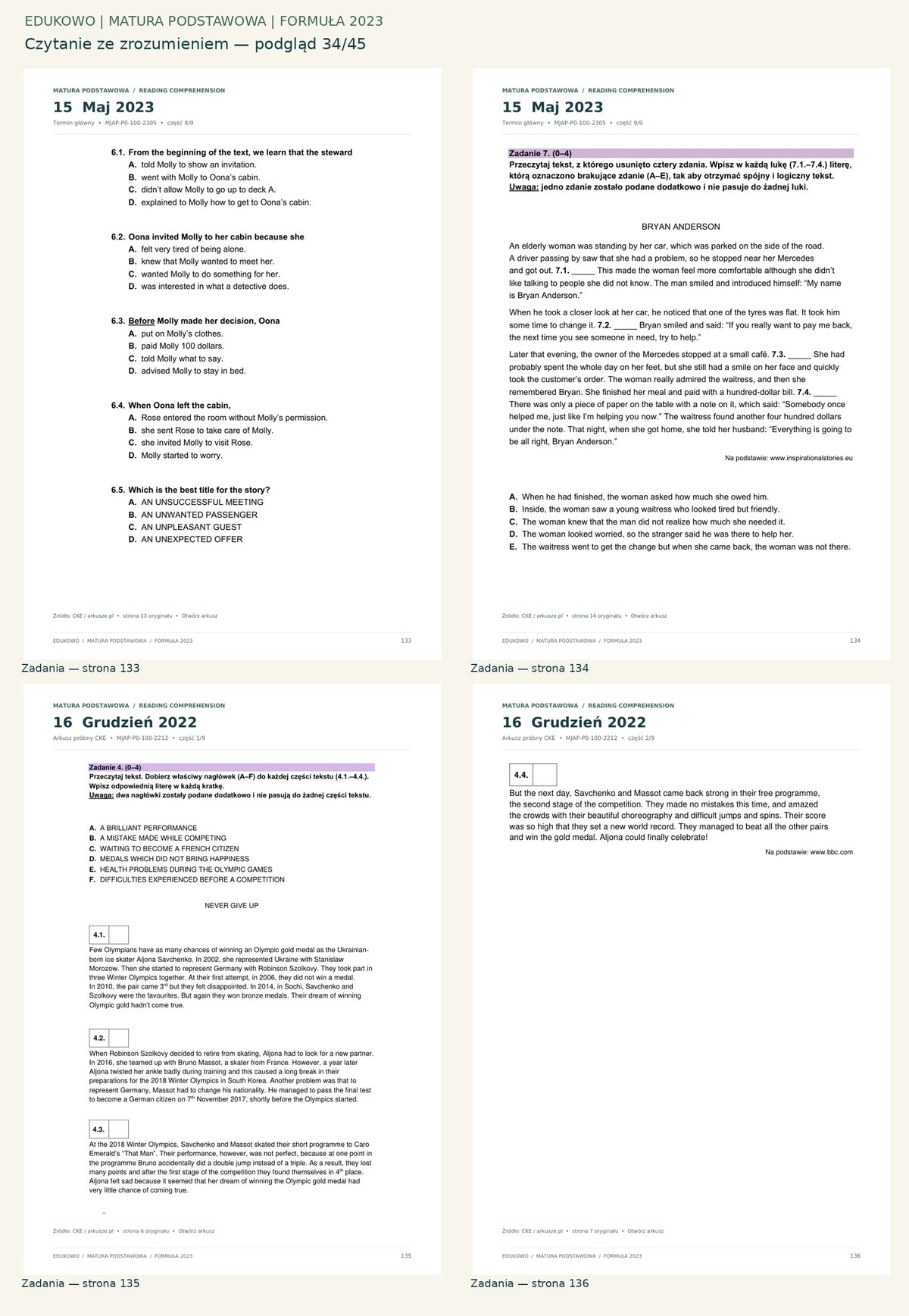 Czytanie ze zrozumieniem. Podgląd 34/45: Zadania — strona 133; Zadania — strona 134; Zadania — strona 135; Zadania — strona 136.