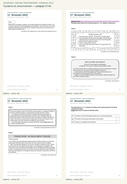 Czytanie ze zrozumieniem. Podgląd 37/45: Zadania — strona 145; Zadania — strona 146; Zadania — strona 147; Zadania — strona 148.