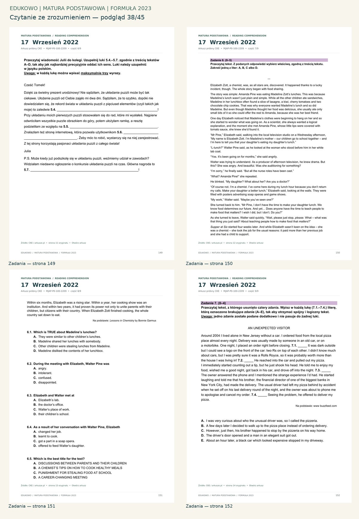 Czytanie ze zrozumieniem. Podgląd 38/45: Zadania — strona 149; Zadania — strona 150; Zadania — strona 151; Zadania — strona 152.