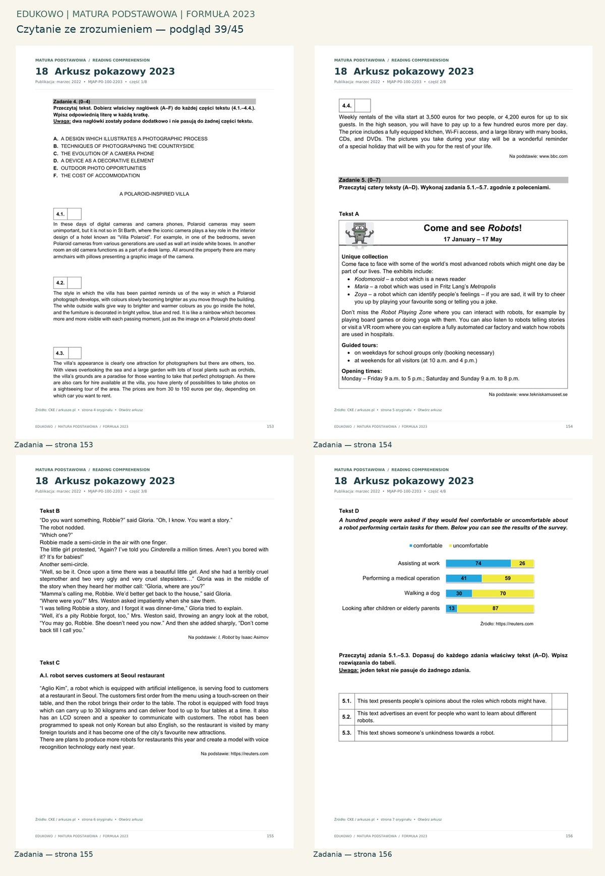 Czytanie ze zrozumieniem. Podgląd 39/45: Zadania — strona 153; Zadania — strona 154; Zadania — strona 155; Zadania — strona 156.
