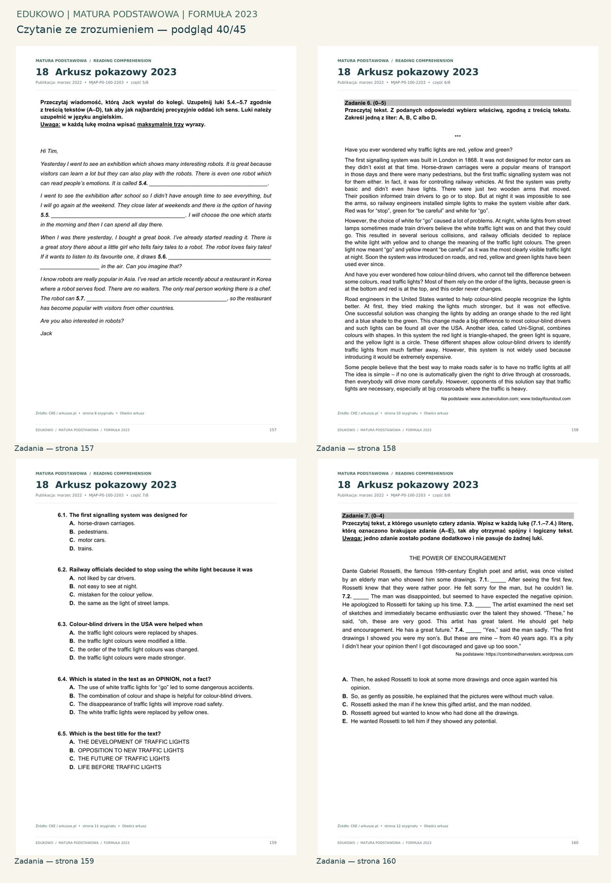 Czytanie ze zrozumieniem. Podgląd 40/45: Zadania — strona 157; Zadania — strona 158; Zadania — strona 159; Zadania — strona 160.