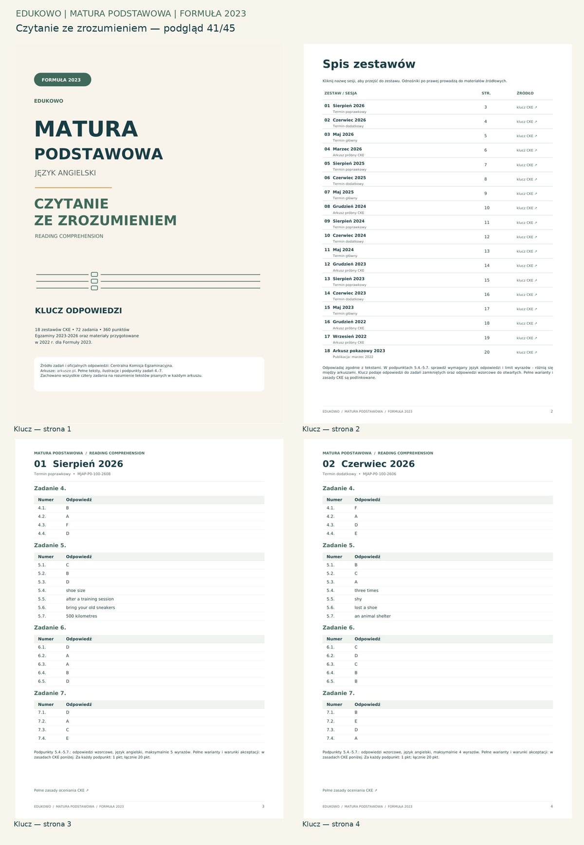 Czytanie ze zrozumieniem. Podgląd 41/45: Klucz — strona 1; Klucz — strona 2; Klucz — strona 3; Klucz — strona 4.