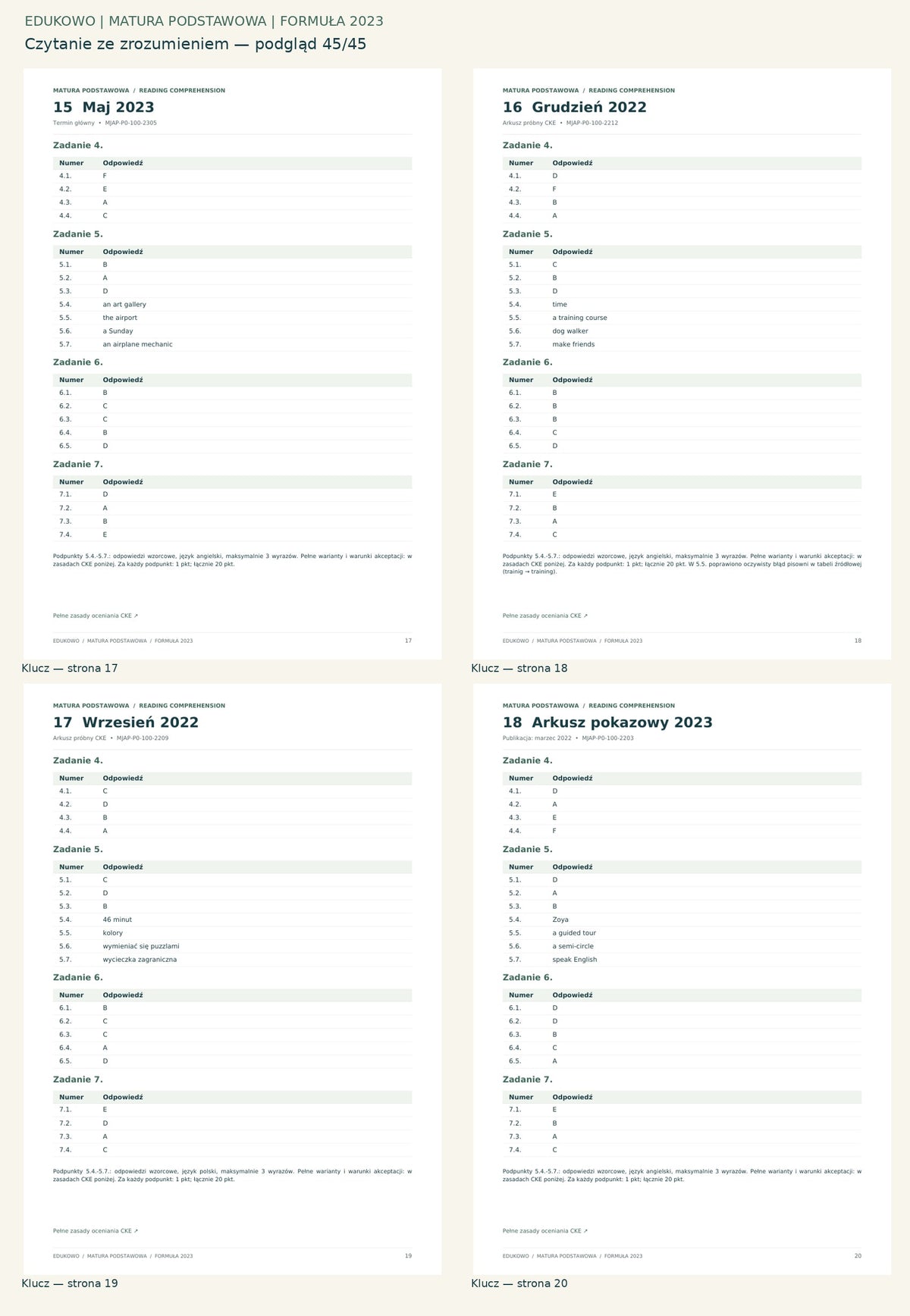 Czytanie ze zrozumieniem. Podgląd 45/45: Klucz — strona 17; Klucz — strona 18; Klucz — strona 19; Klucz — strona 20.