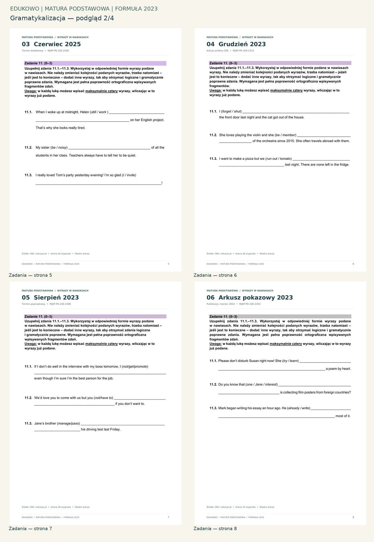 Gramatykalizacja. Podgląd 2/4: Zadania — strona 5; Zadania — strona 6; Zadania — strona 7; Zadania — strona 8.