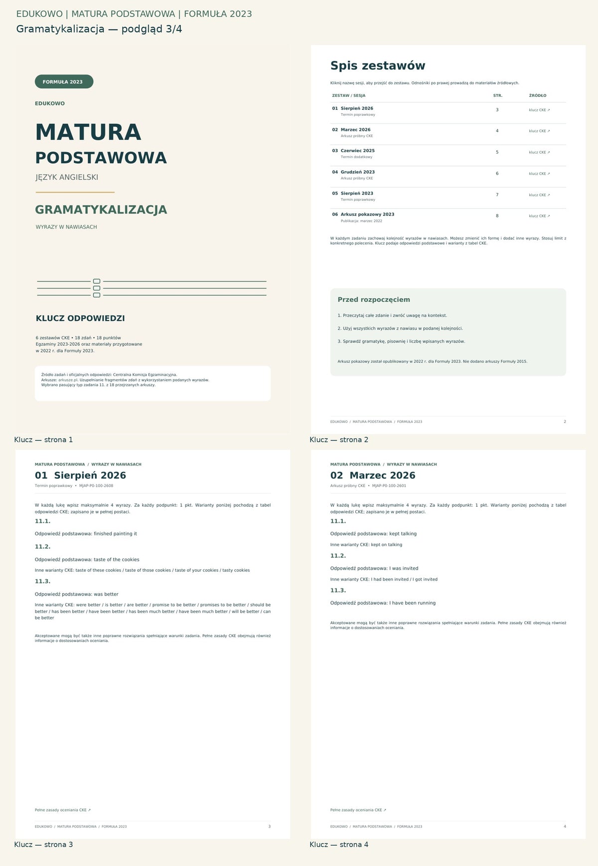 Gramatykalizacja. Podgląd 3/4: Klucz — strona 1; Klucz — strona 2; Klucz — strona 3; Klucz — strona 4.