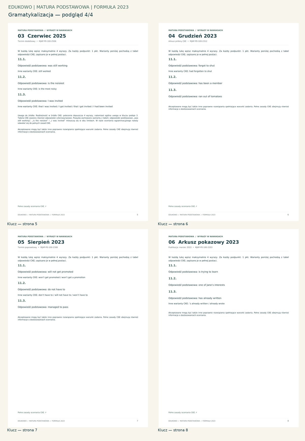 Gramatykalizacja. Podgląd 4/4: Klucz — strona 5; Klucz — strona 6; Klucz — strona 7; Klucz — strona 8.