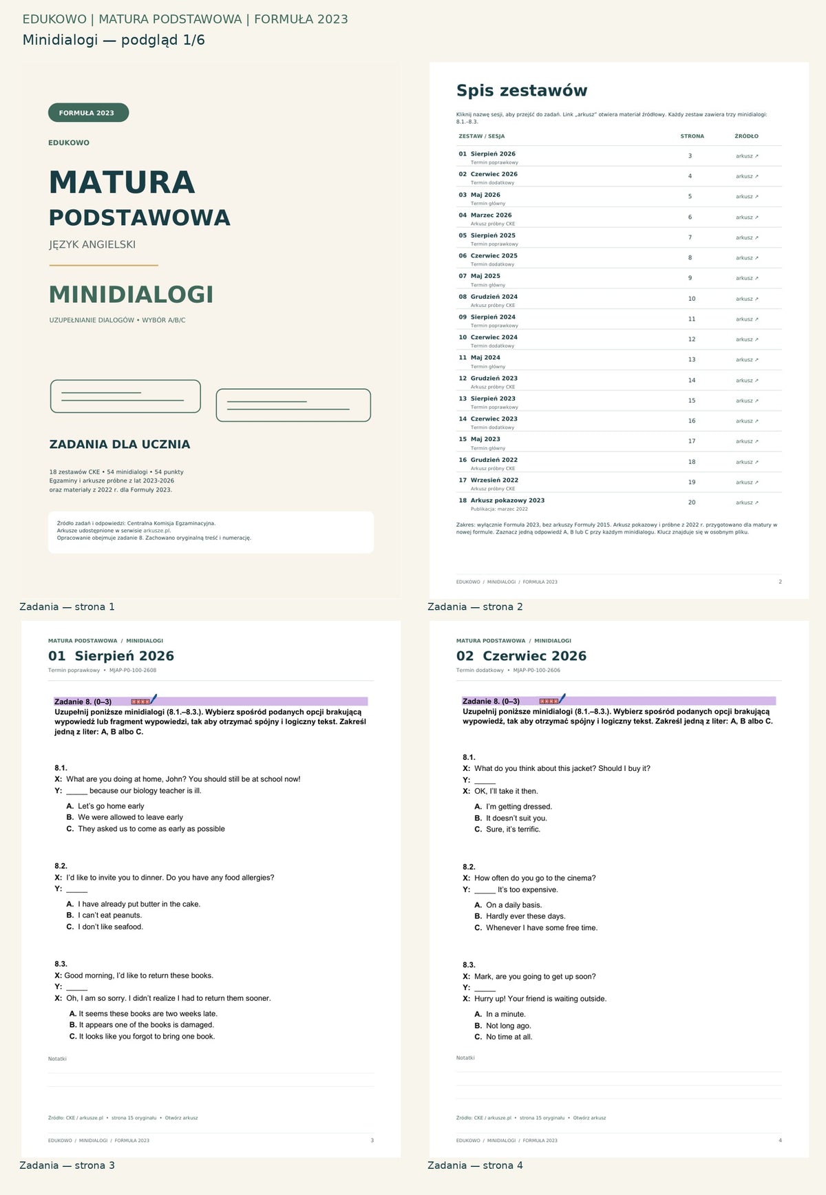 Minidialogi. Podgląd 1/6: Zadania — strona 1; Zadania — strona 2; Zadania — strona 3; Zadania — strona 4.