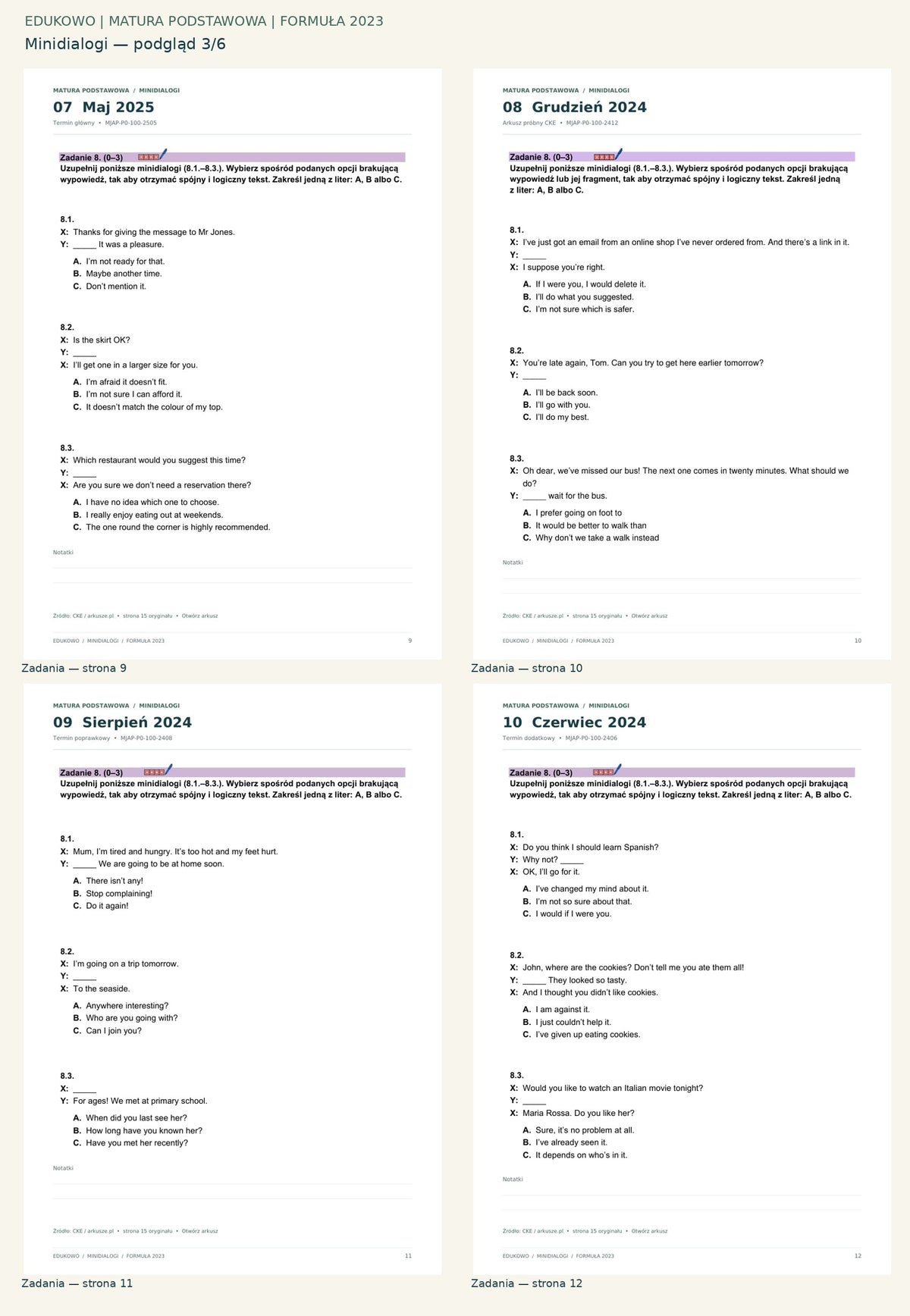 Minidialogi. Podgląd 3/6: Zadania — strona 9; Zadania — strona 10; Zadania — strona 11; Zadania — strona 12.