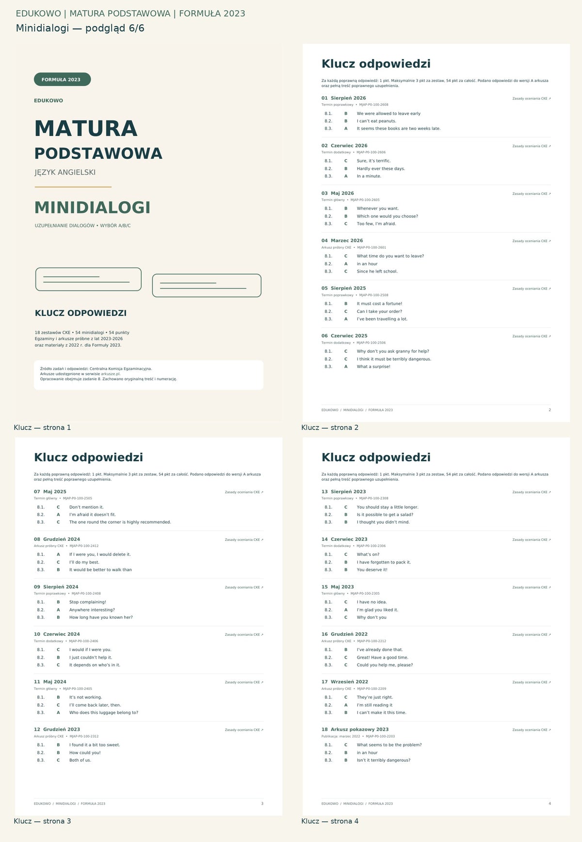 Minidialogi. Podgląd 6/6: Klucz — strona 1; Klucz — strona 2; Klucz — strona 3; Klucz — strona 4.