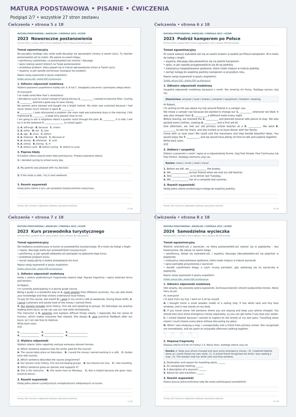 Matura podstawowa - ćwiczenia z pisania. Podgląd 2 z 7; wszystkie 27 stron ucznia i klucza.