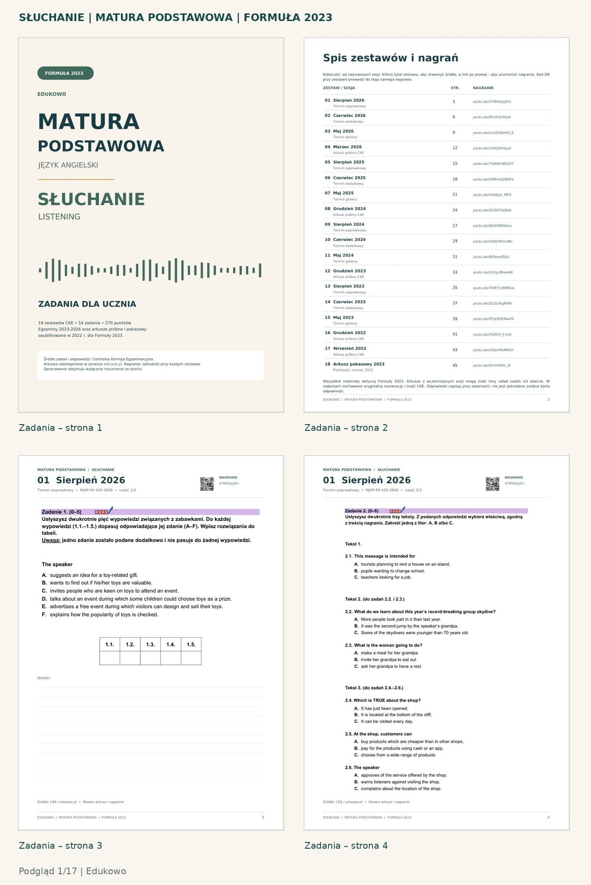 Matura podstawowa – słuchanie. Podgląd 1/17: zadania – strona 1, zadania – strona 2, zadania – strona 3, zadania – strona 4.