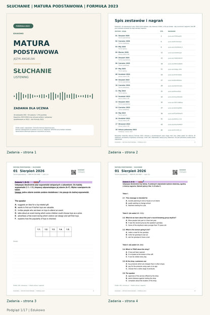 Matura podstawowa – słuchanie. Podgląd 1/17: zadania – strona 1, zadania – strona 2, zadania – strona 3, zadania – strona 4.