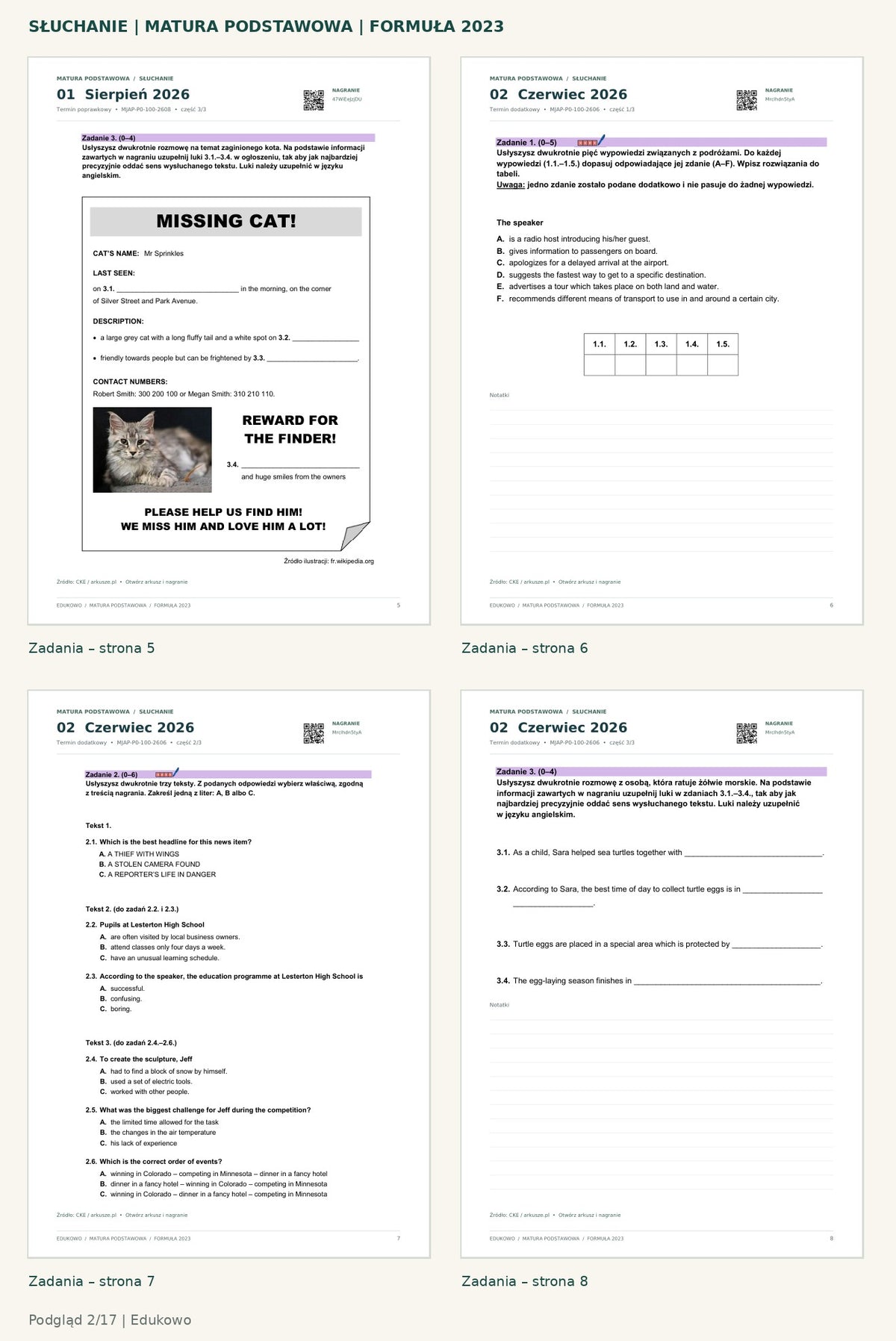 Matura podstawowa – słuchanie. Podgląd 2/17: zadania – strona 5, zadania – strona 6, zadania – strona 7, zadania – strona 8.