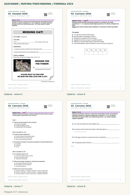 Matura podstawowa – słuchanie. Podgląd 2/17: zadania – strona 5, zadania – strona 6, zadania – strona 7, zadania – strona 8.