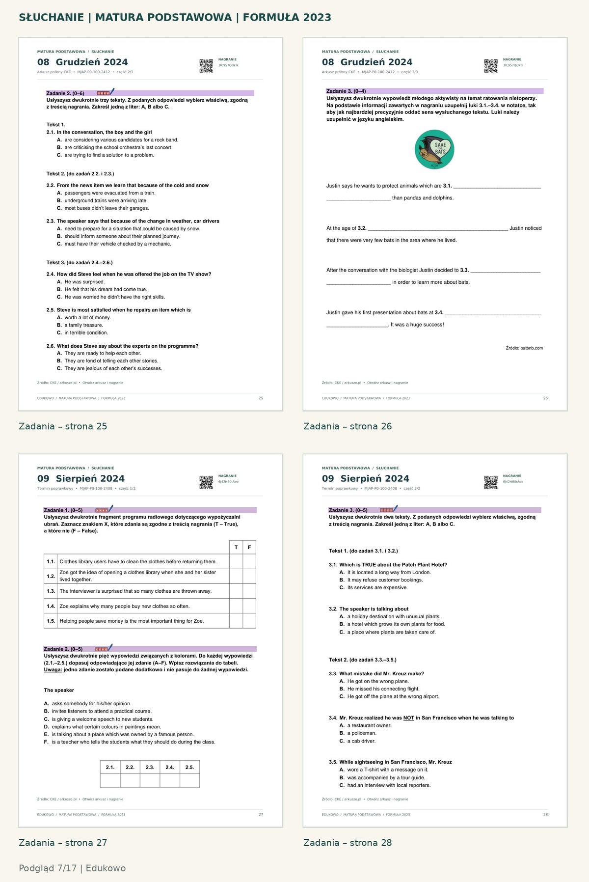 Matura podstawowa – słuchanie. Podgląd 7/17: zadania – strona 25, zadania – strona 26, zadania – strona 27, zadania – strona 28.