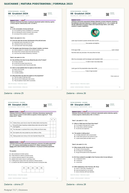 Matura podstawowa – słuchanie. Podgląd 7/17: zadania – strona 25, zadania – strona 26, zadania – strona 27, zadania – strona 28.