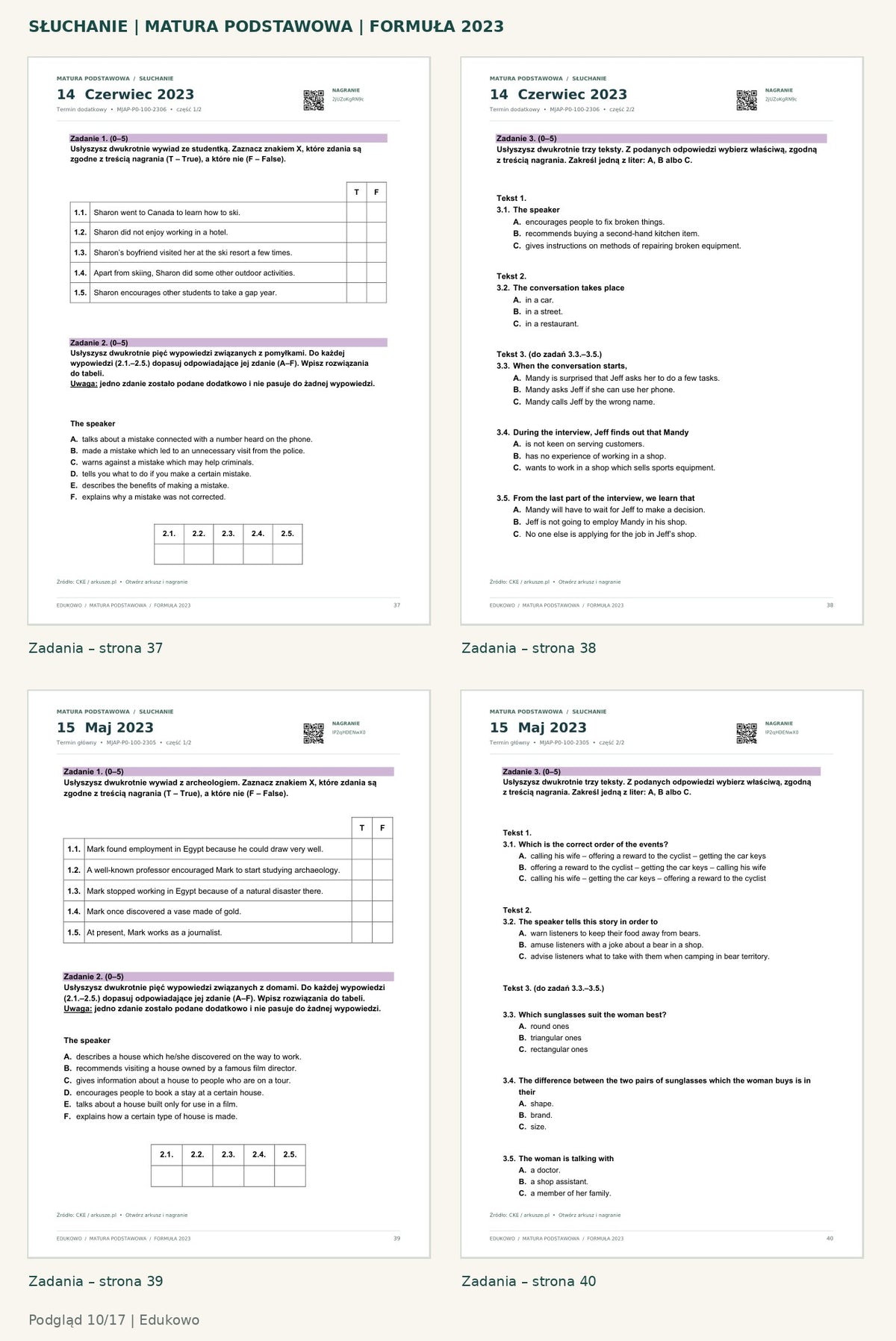 Matura podstawowa – słuchanie. Podgląd 10/17: zadania – strona 37, zadania – strona 38, zadania – strona 39, zadania – strona 40.