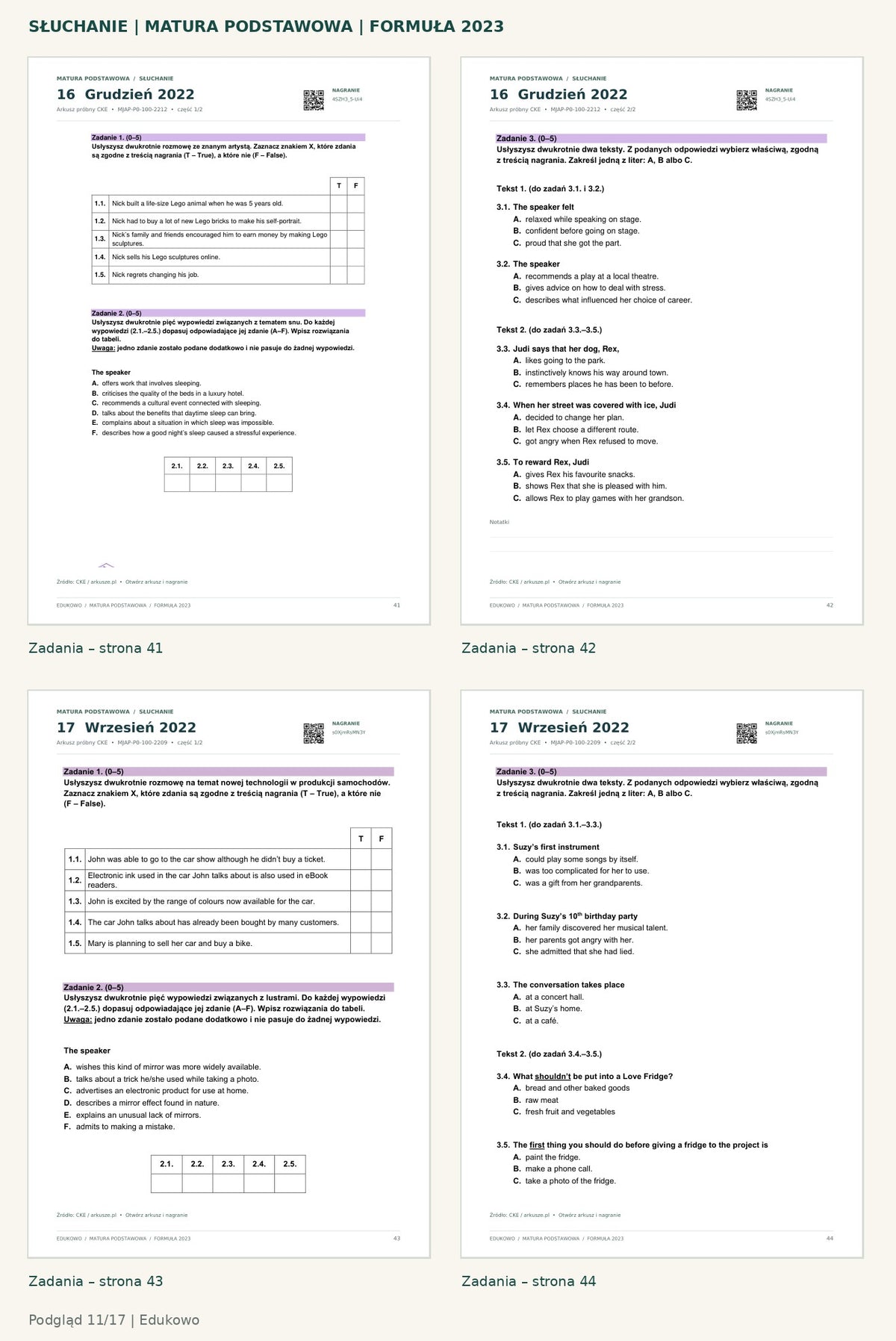 Matura podstawowa – słuchanie. Podgląd 11/17: zadania – strona 41, zadania – strona 42, zadania – strona 43, zadania – strona 44.