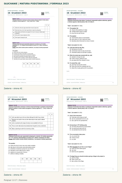 Matura podstawowa – słuchanie. Podgląd 11/17: zadania – strona 41, zadania – strona 42, zadania – strona 43, zadania – strona 44.