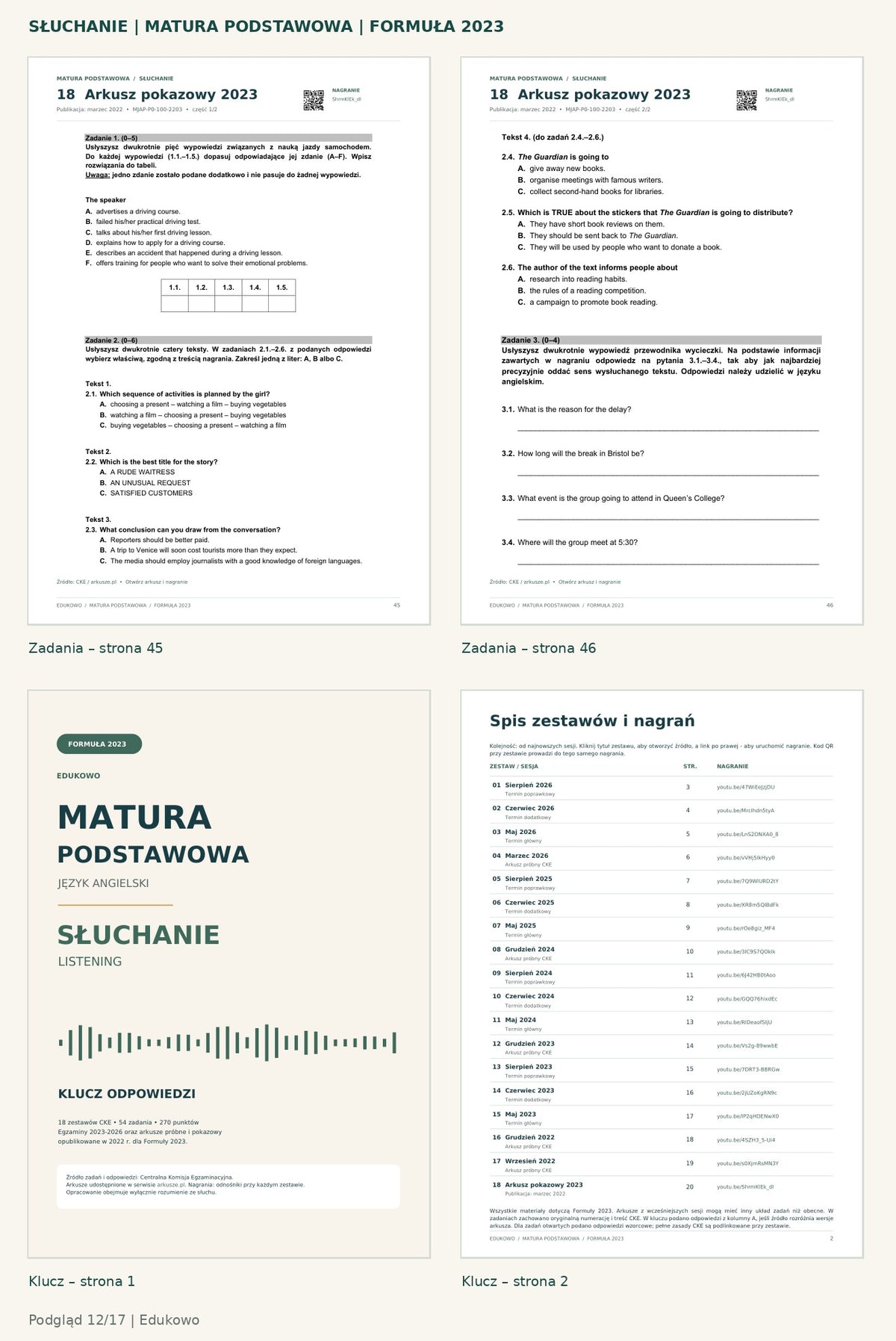 Matura podstawowa – słuchanie. Podgląd 12/17: zadania – strona 45, zadania – strona 46, klucz – strona 1, klucz – strona 2.