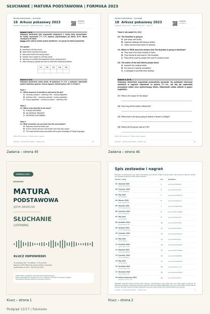 Matura podstawowa – słuchanie. Podgląd 12/17: zadania – strona 45, zadania – strona 46, klucz – strona 1, klucz – strona 2.