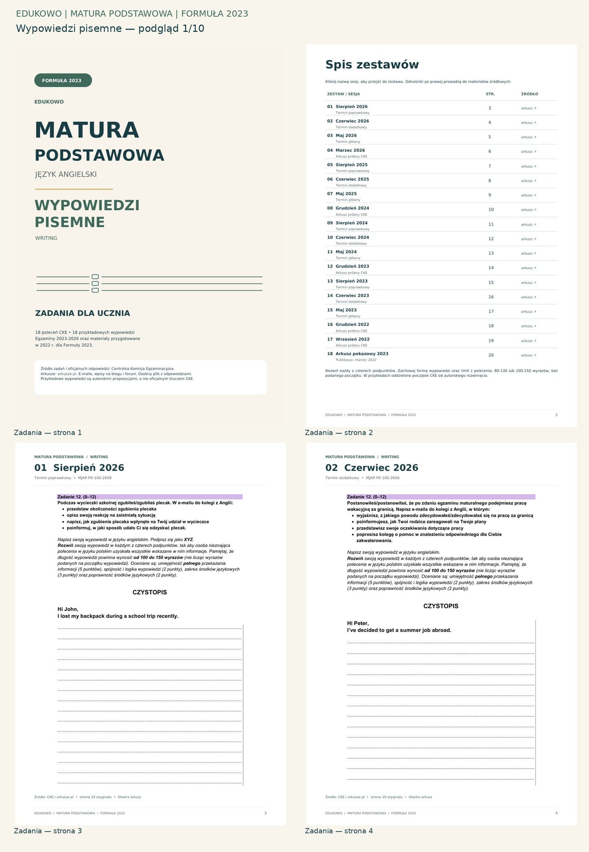 Wypowiedzi pisemne. Podgląd 1/10: Zadania — strona 1; Zadania — strona 2; Zadania — strona 3; Zadania — strona 4.
