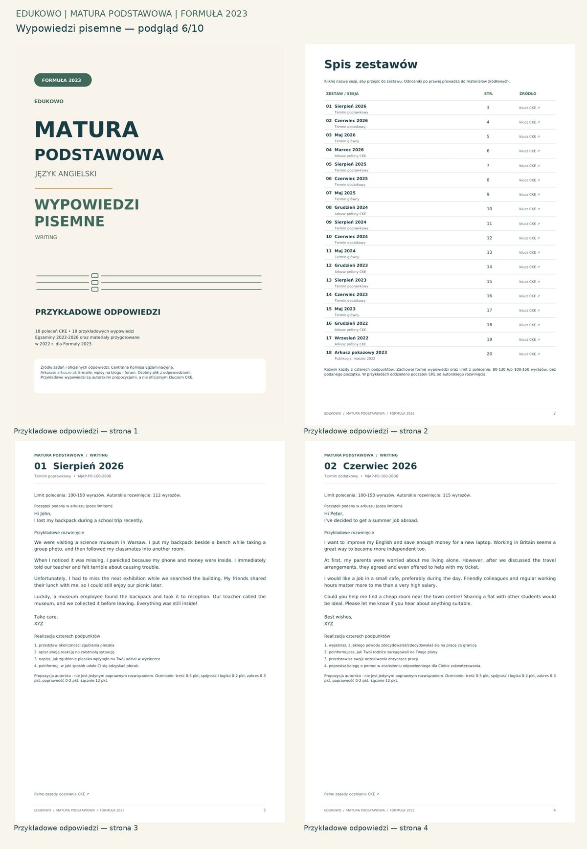 Wypowiedzi pisemne. Podgląd 6/10: Przykładowe odpowiedzi — strona 1; Przykładowe odpowiedzi — strona 2; Przykładowe odpowiedzi — strona 3; Przykładowe odpowiedzi — strona 4.