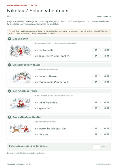 niemiecki, klasy 1-3: karta ucznia 1 z 2, małe ilustracje i zadania o dobrych uczynkach.