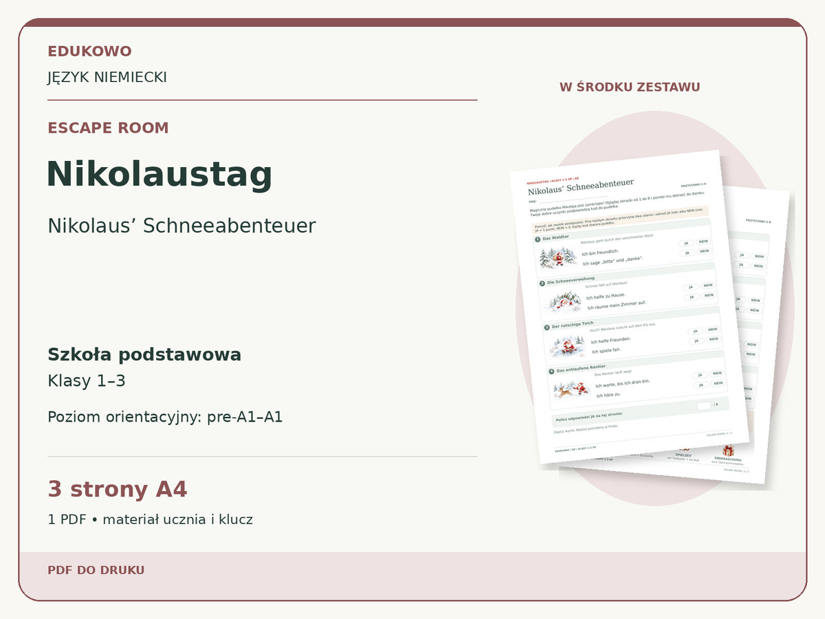 Nikolaustag – Escape room. Język niemiecki. Szkoła podstawowa, klasy 1–3. Poziom orientacyjny pre-A1–A1. 3 strony A4. 1 PDF • materiał ucznia i klucz.