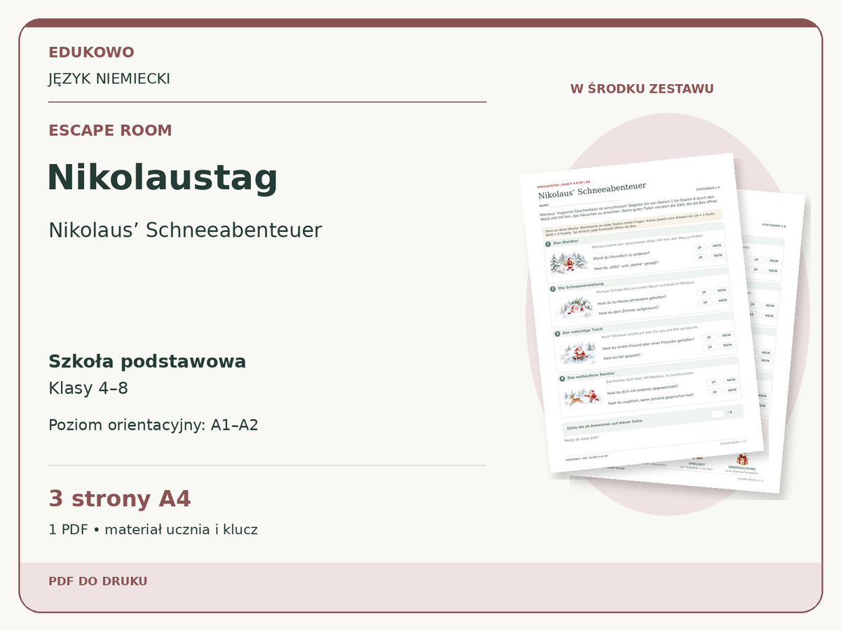 Nikolaustag – Escape room. Język niemiecki. Szkoła podstawowa, klasy 4–8. Poziom orientacyjny A1–A2. 3 strony A4. 1 PDF • materiał ucznia i klucz.