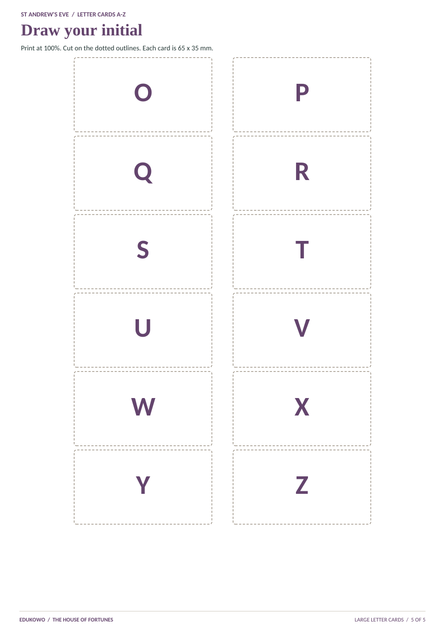 Karty z literami O–Z, po dwie w rzędzie, 6,5 × 3,5 cm.