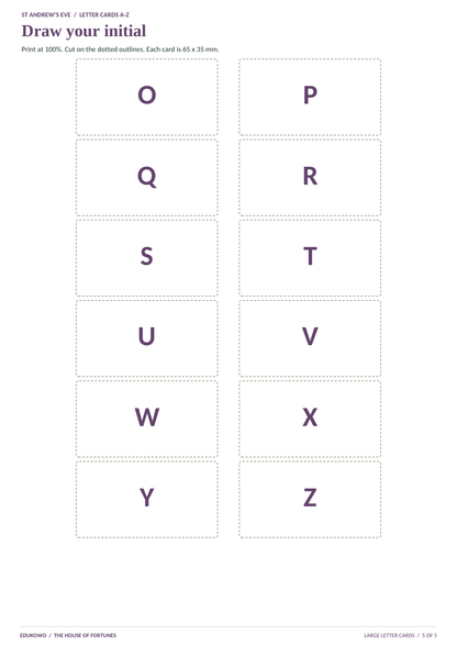 Karty z literami O–Z, po dwie w rzędzie, 6,5 × 3,5 cm.