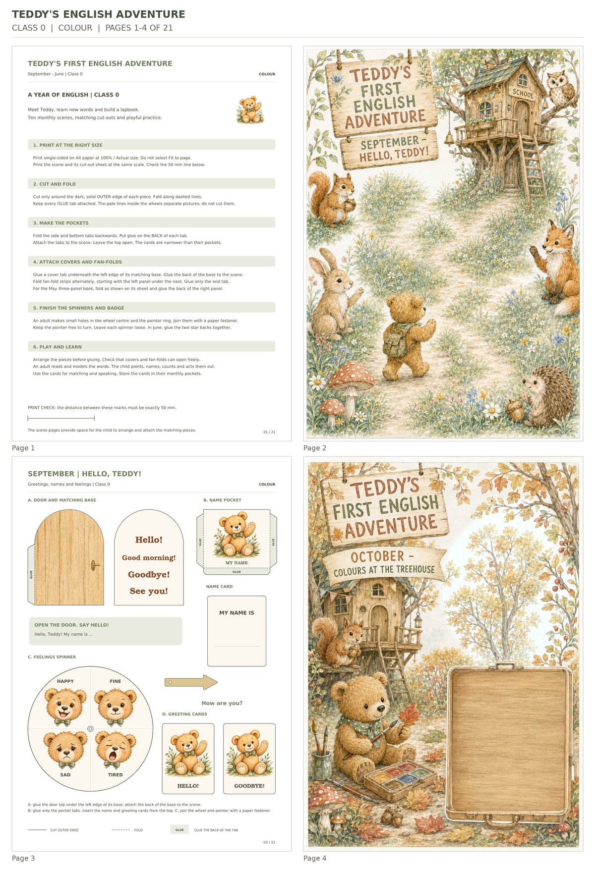 Teddy’s English Adventure – klasa 0, COLOUR. Podgląd stron 1–4 z 21; rzeczywiste strony PDF, po cztery na miniaturze.