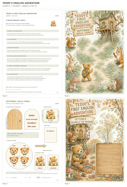 Teddy’s English Adventure – klasa 0, COLOUR. Podgląd stron 1–4 z 21; rzeczywiste strony PDF, po cztery na miniaturze.