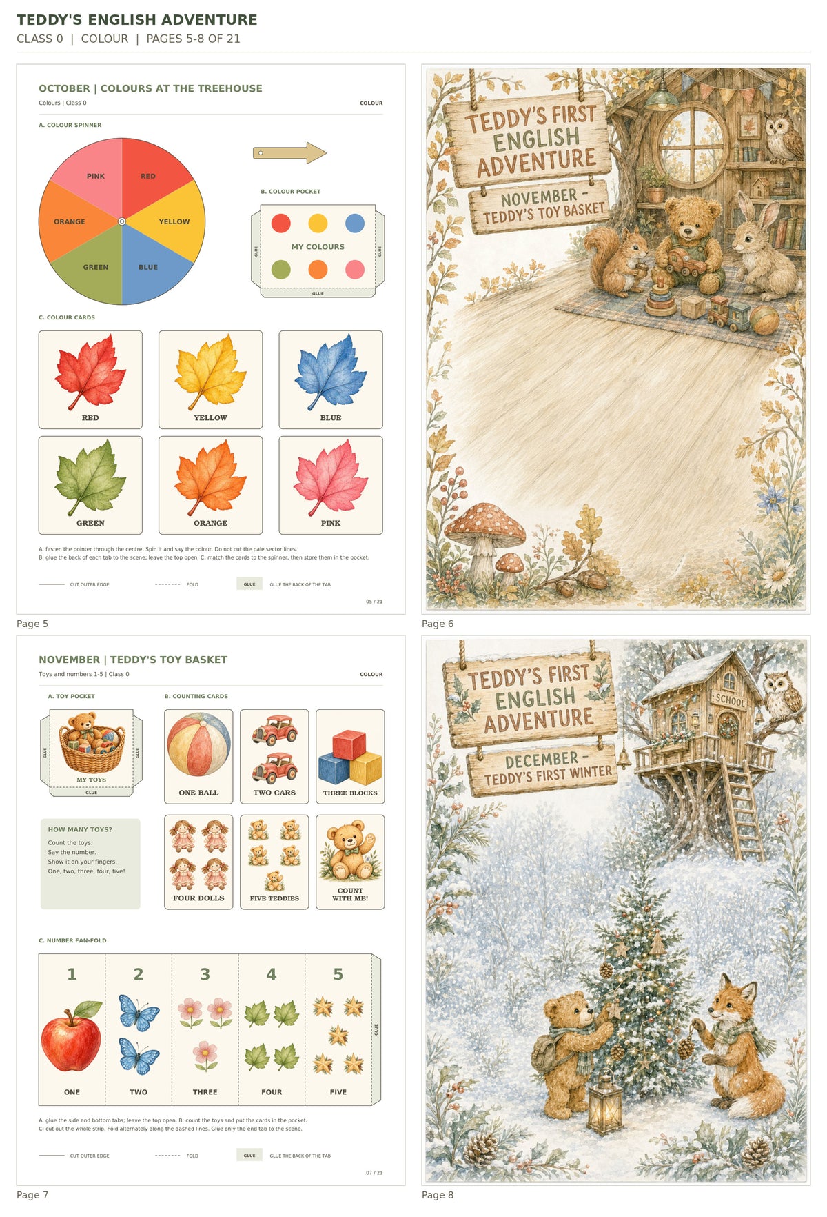 Teddy’s English Adventure – klasa 0, COLOUR. Podgląd stron 5–8 z 21; rzeczywiste strony PDF, po cztery na miniaturze.