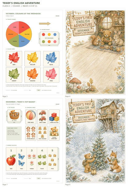 Teddy’s English Adventure – klasa 0, COLOUR. Podgląd stron 5–8 z 21; rzeczywiste strony PDF, po cztery na miniaturze.