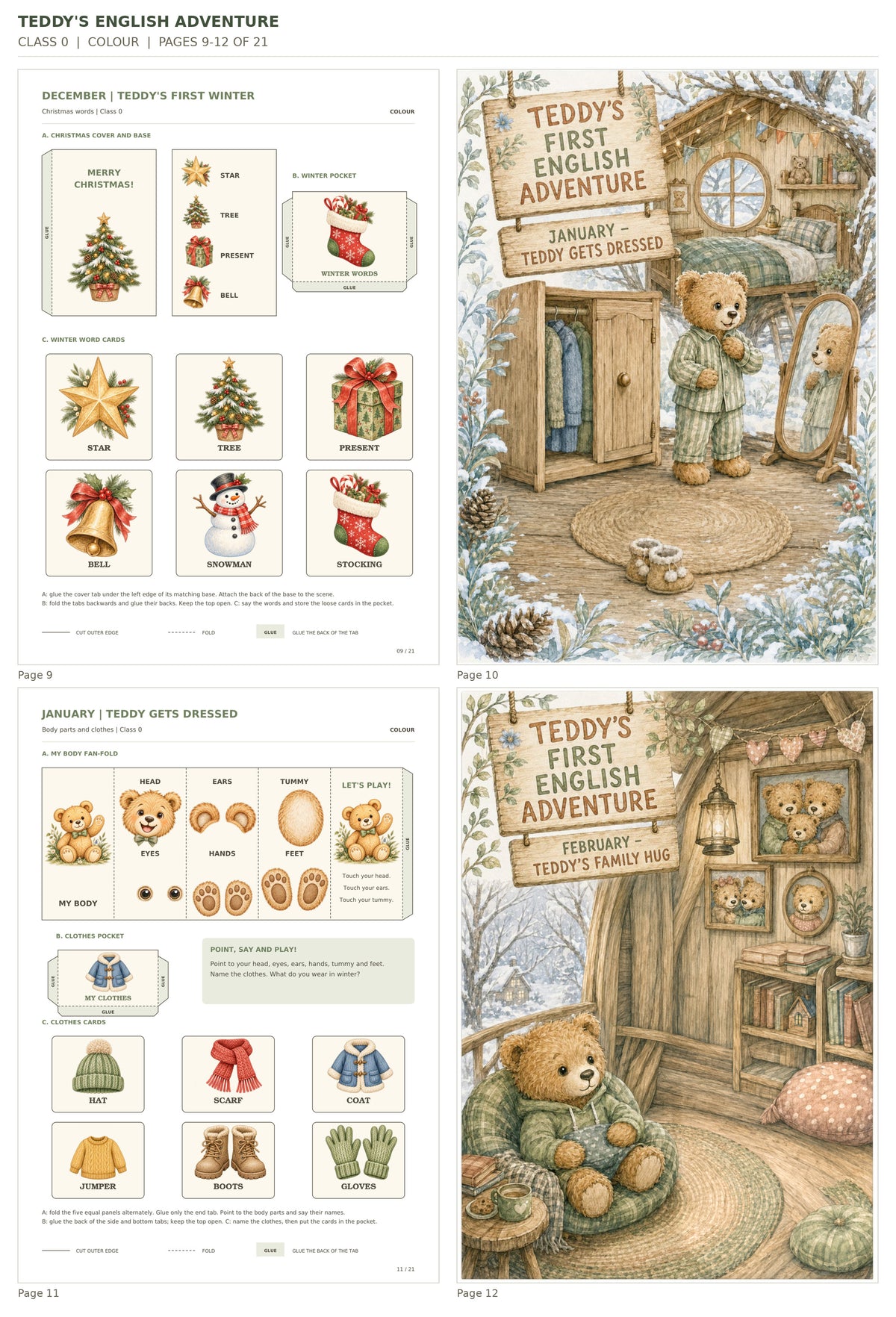 Teddy’s English Adventure – klasa 0, COLOUR. Podgląd stron 9–12 z 21; rzeczywiste strony PDF, po cztery na miniaturze.