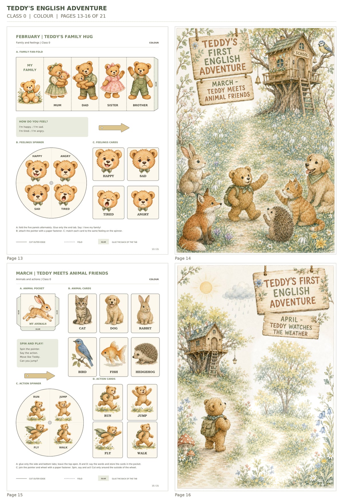 Teddy’s English Adventure – klasa 0, COLOUR. Podgląd stron 13–16 z 21; rzeczywiste strony PDF, po cztery na miniaturze.