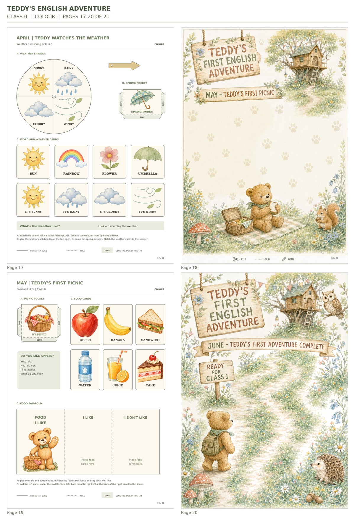 Teddy’s English Adventure – klasa 0, COLOUR. Podgląd stron 17–20 z 21; rzeczywiste strony PDF, po cztery na miniaturze.